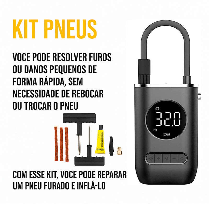 Kit Reparo Pneu + Bomba de Encher Pneu Mini Compressor Portátil