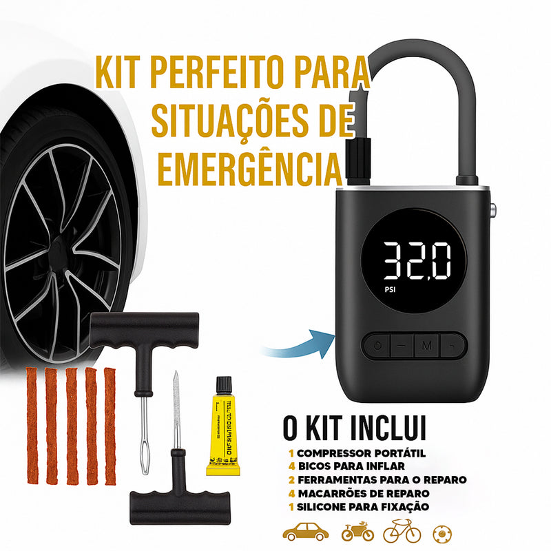 Kit Reparo Pneu + Bomba de Encher Pneu Mini Compressor Portátil